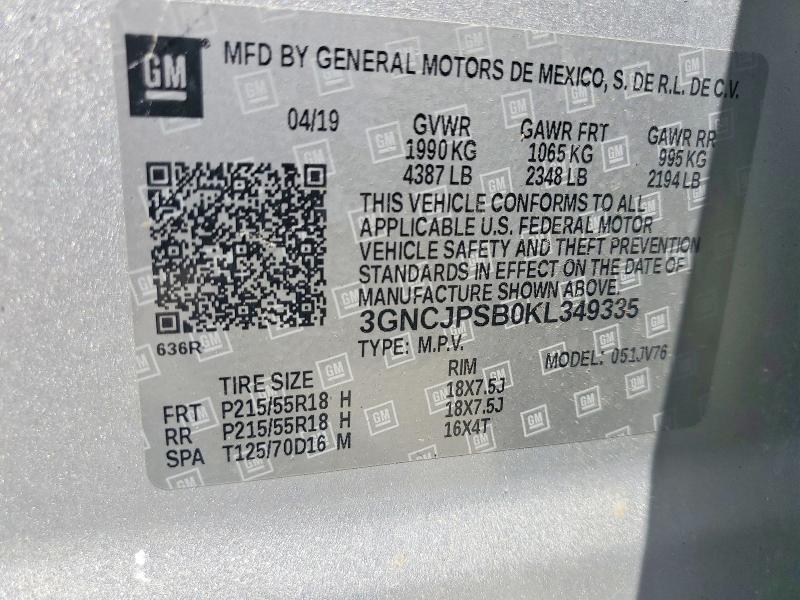 Aukcja sprzedaży 2019 Chevrolet Trax, vin: 3GNCJPSB0KL349335, numer aukcji: 52342696