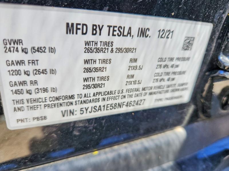 53892706 :رقم المزاد ، 5YJSA1E58NF462427 vin ، 2022 Tesla Model S مزاد بيع