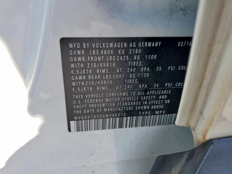 Продажа на аукционе авто 2016 Volkswagen Tiguan, vin: WVGAV7AX0GW585613, номер лота: 54187986