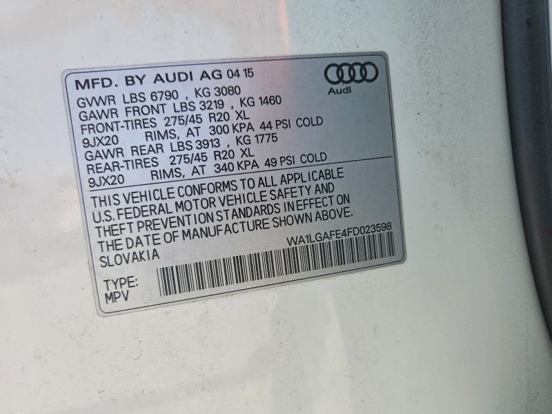 Продажа на аукционе авто 2015 Audi Q7, vin: WA1LGAFE4FD023598, номер лота: 52999256