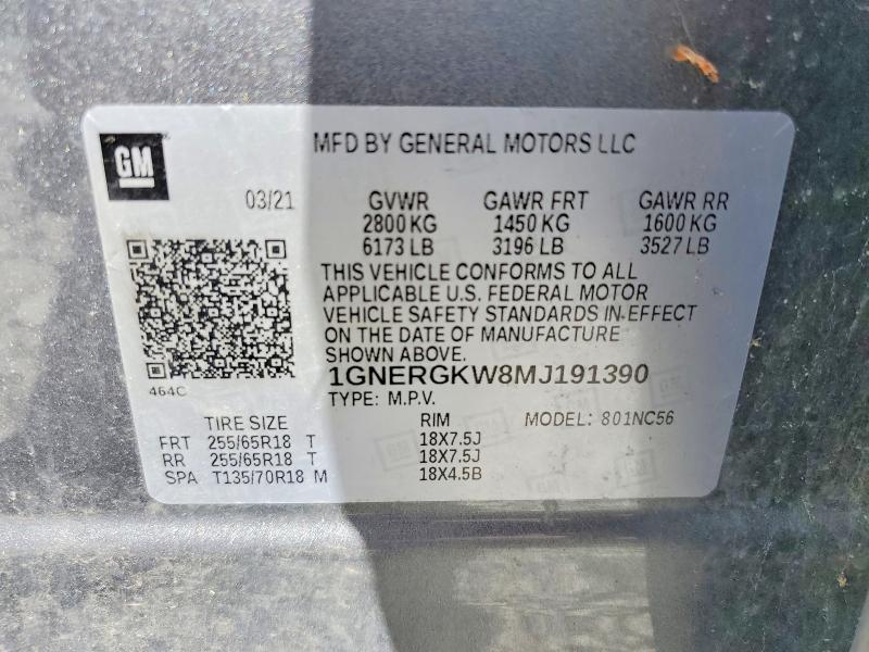 53266956 :رقم المزاد ، 1GNERGKW8MJ191390 vin ، 2021 Chevrolet Traverse مزاد بيع