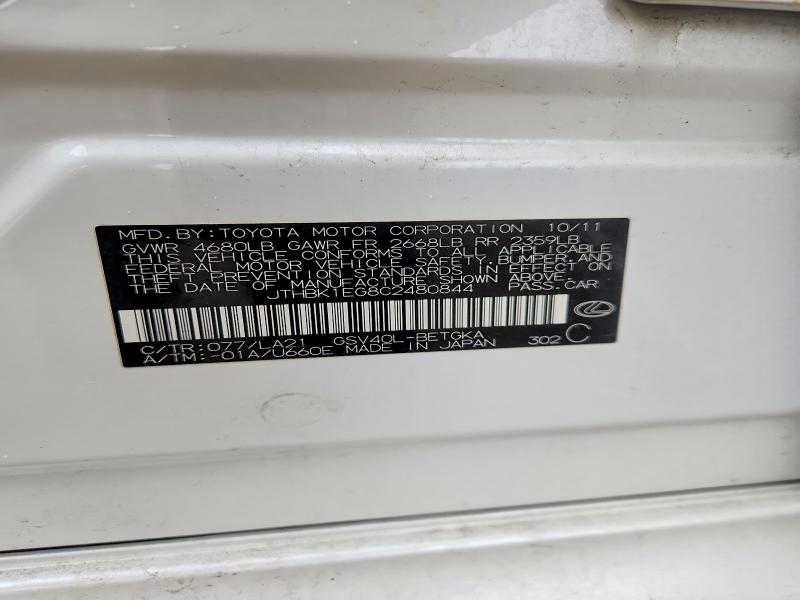 Aukcja sprzedaży 2012 Lexus Es, vin: JTHBK1EG8C2480844, numer aukcji: 51720556