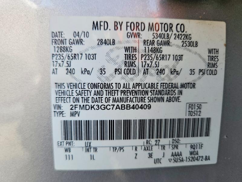 54178086 :رقم المزاد ، 2FMDK3GC7ABB40409 vin ، 2010 Ford Edge مزاد بيع