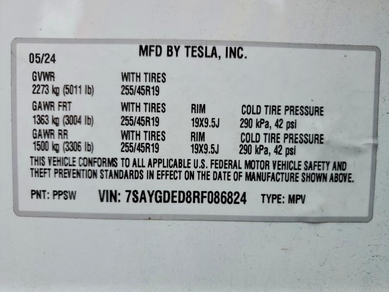 Продаж на аукціоні авто 2024 Tesla Model Y, vin: 7SAYGDED8RF086824, номер лоту: 53311046