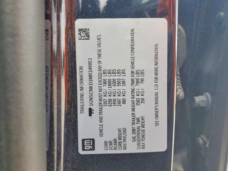 Продаж на аукціоні авто 2021 Chevrolet Tahoe, vin: 1GNSCNKD1MR349853, номер лоту: 52738056