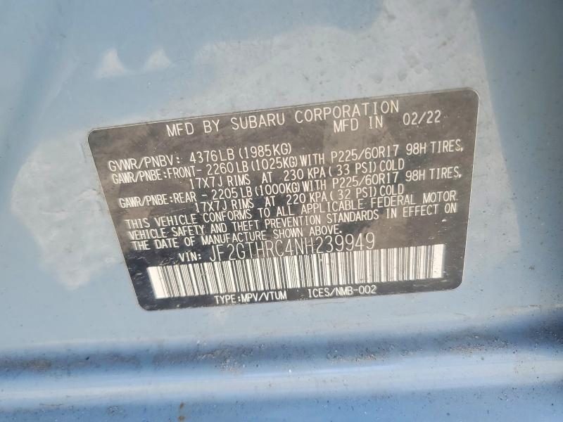 52821316 :رقم المزاد ، JF2GTHRC4NH239949 vin ، 2022 Subaru Crosstrek مزاد بيع