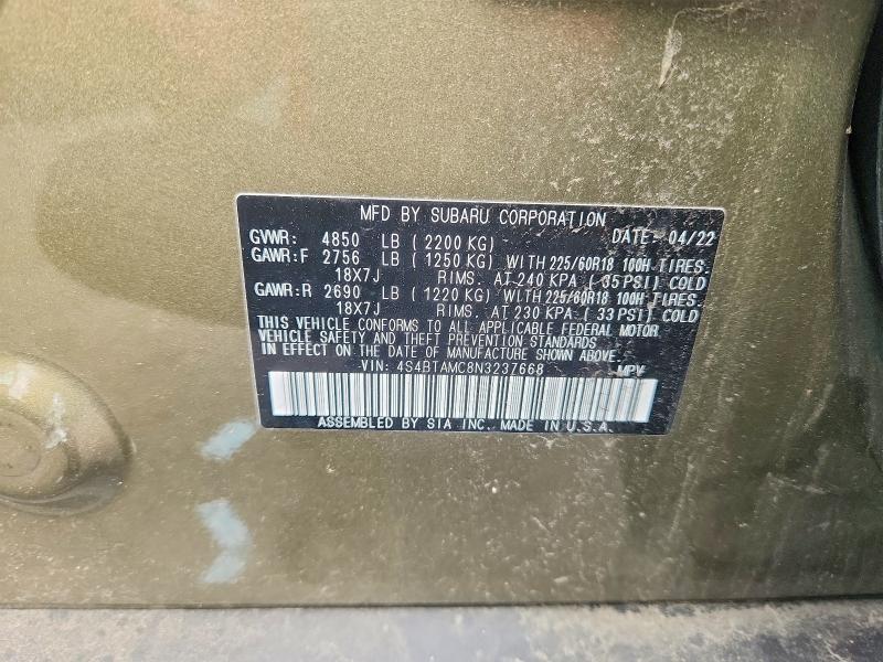 Продаж на аукціоні авто 2022 Subaru Outback, vin: 4S4BTAMC8N3237668, номер лоту: 54777706