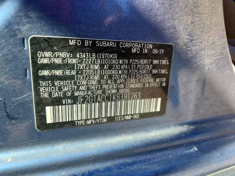 53073846 :رقم المزاد ، JF2GTACC1K8391263 vin ، 2019 Subaru Crosstrek مزاد بيع