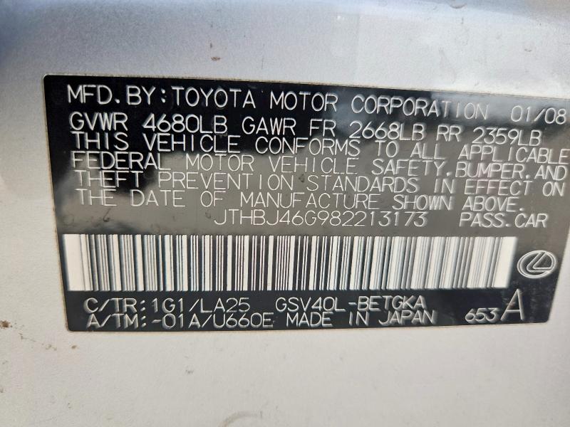 Aukcja sprzedaży 2008 Lexus Es, vin: JTHBJ46G982213173, numer aukcji: 53296236