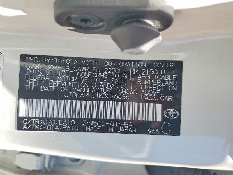 Продаж на аукціоні авто 2019 Toyota Prius, vin: JTDKARFU1K3076686, номер лоту: 54432866