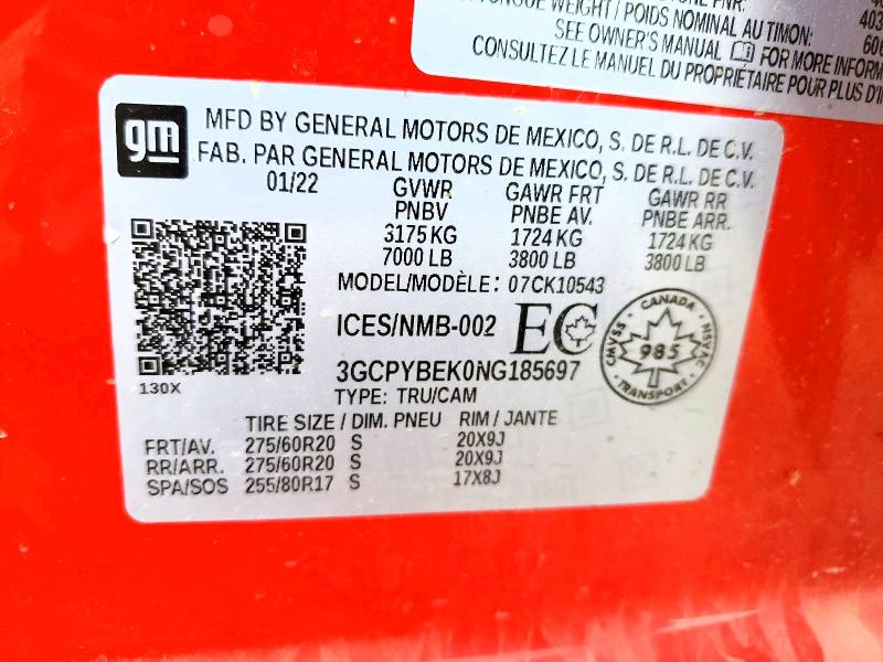53805176 :رقم المزاد ، 3GCPYBEK0NG185697 vin ، 2022 Chevrolet Silverado Ltd مزاد بيع