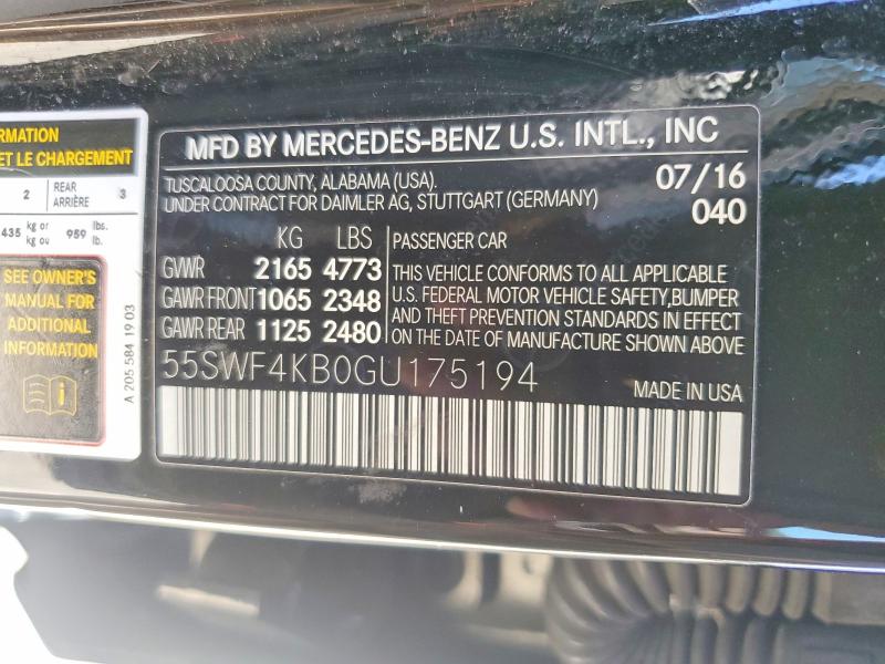 2016 Mercedes-benz C მანქანა იყიდება აუქციონზე, vin: 55SWF4KB0GU175194, აუქციონის ნომერი: 54896096