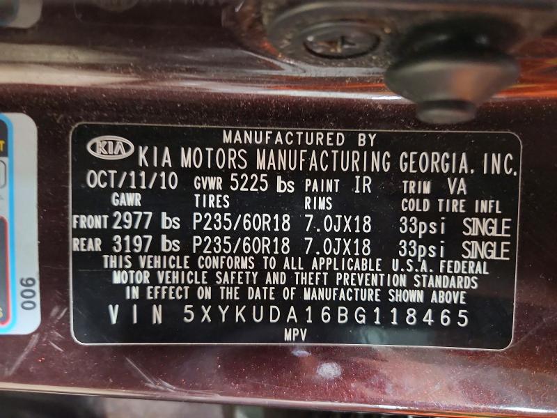 2011 Kia Sorento მანქანა იყიდება აუქციონზე, vin: 5XYKUDA16BG118465, აუქციონის ნომერი: 54782516