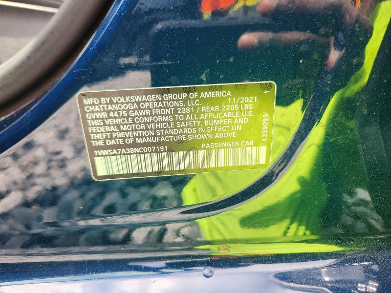 Продажа на аукционе авто 2022 Volkswagen Passat, vin: 1VWSA7A38NC007191, номер лота: 52911516