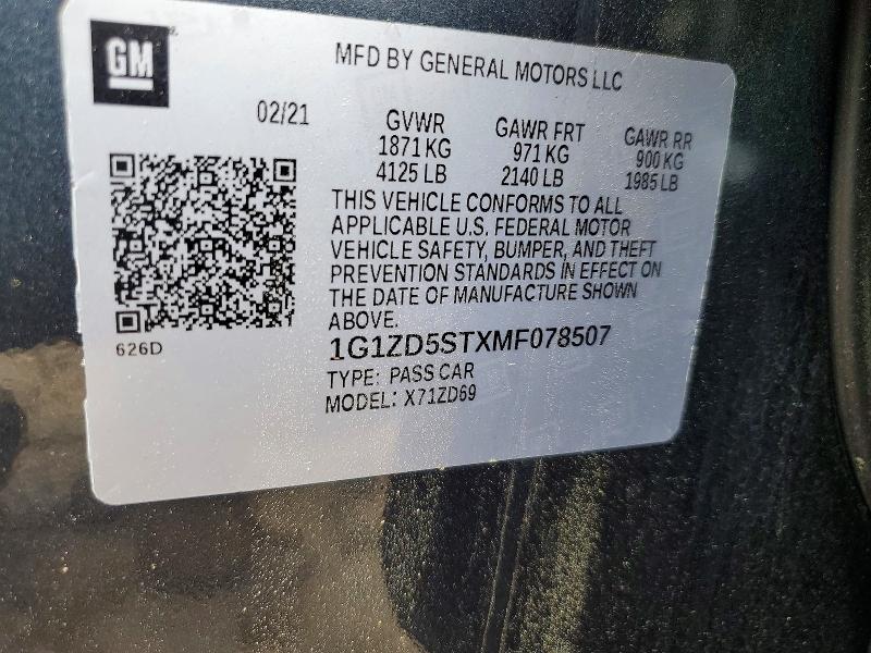 55277356 :رقم المزاد ، 1G1ZD5STXMF078507 vin ، 2021 Chevrolet Malibu مزاد بيع