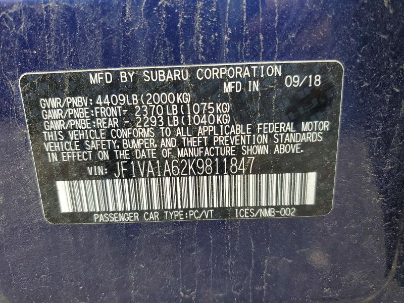 Продаж на аукціоні авто 2019 Subaru Wrx, vin: JF1VA1A62K9811847, номер лоту: 54718006