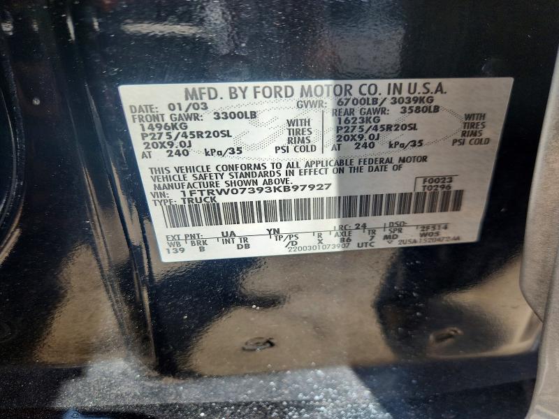 Aukcja sprzedaży 2003 Ford F150, vin: 1FTRW07393KB97927, numer aukcji: 52994526
