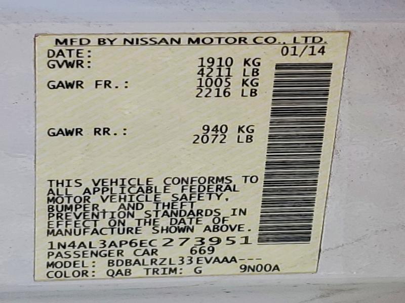 2014 Nissan Altima მანქანა იყიდება აუქციონზე, vin: 1N4AL3AP6EC273951, აუქციონის ნომერი: 53757046