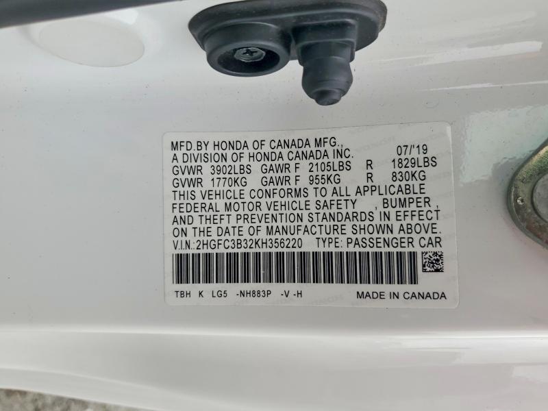 52963216 :رقم المزاد ، 2HGFC3B32KH356220 vin ، 2019 Honda Civic مزاد بيع