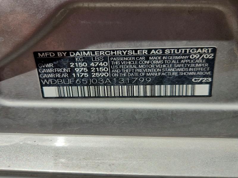 Продажа на аукционе авто 2003 Mercedes-benz E, vin: WDBUF65J03A131799, номер лота: 54162976