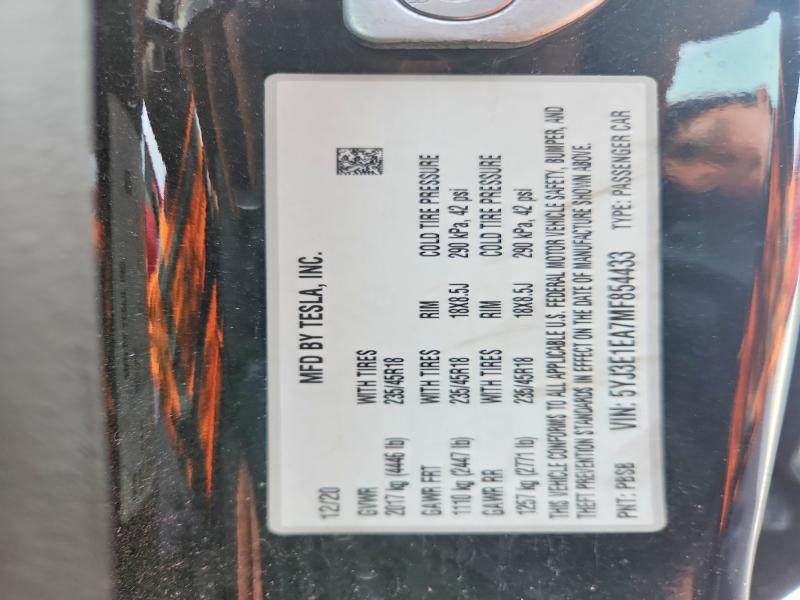 Продаж на аукціоні авто 2021 Tesla Model 3, vin: 5YJ3E1EA7MF854433, номер лоту: 52253106