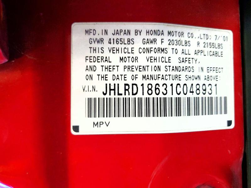 52438106 :رقم المزاد ، JHLRD18631C048931 vin ، 2001 Honda Cr-v مزاد بيع