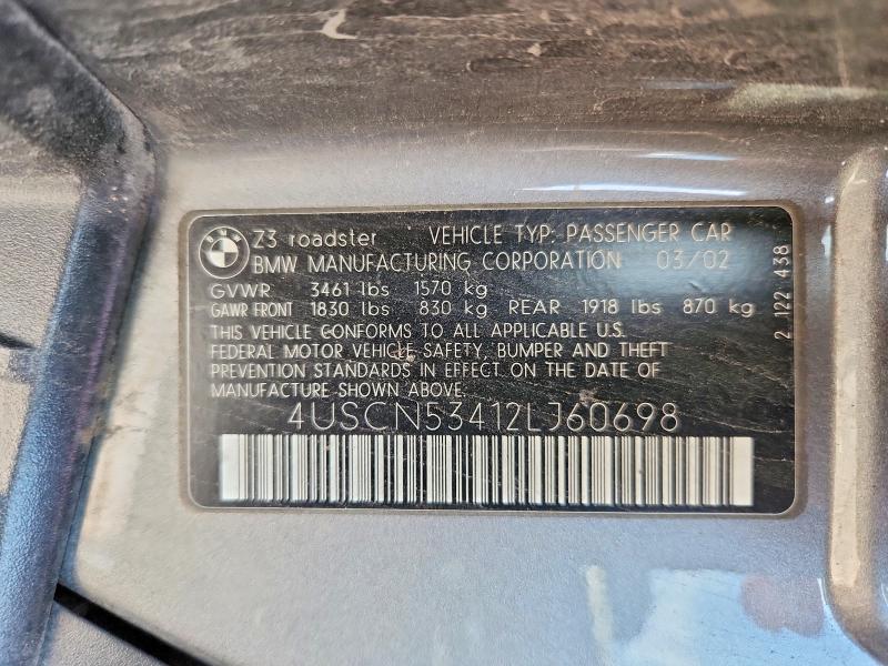 2002 Bmw Z3 მანქანა იყიდება აუქციონზე, vin: 4USCN53412LJ60698, აუქციონის ნომერი: 51382506
