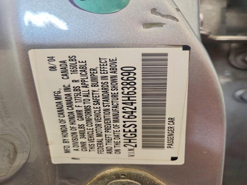 54984836 :رقم المزاد ، 2HGES16424H638690 vin ، 2004 Honda Civic Lx مزاد بيع