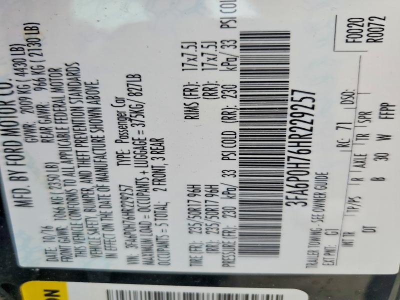 Aukcja sprzedaży 2017 Ford Fusion, vin: 3FA6P0H76HR229257, numer aukcji: 53614356