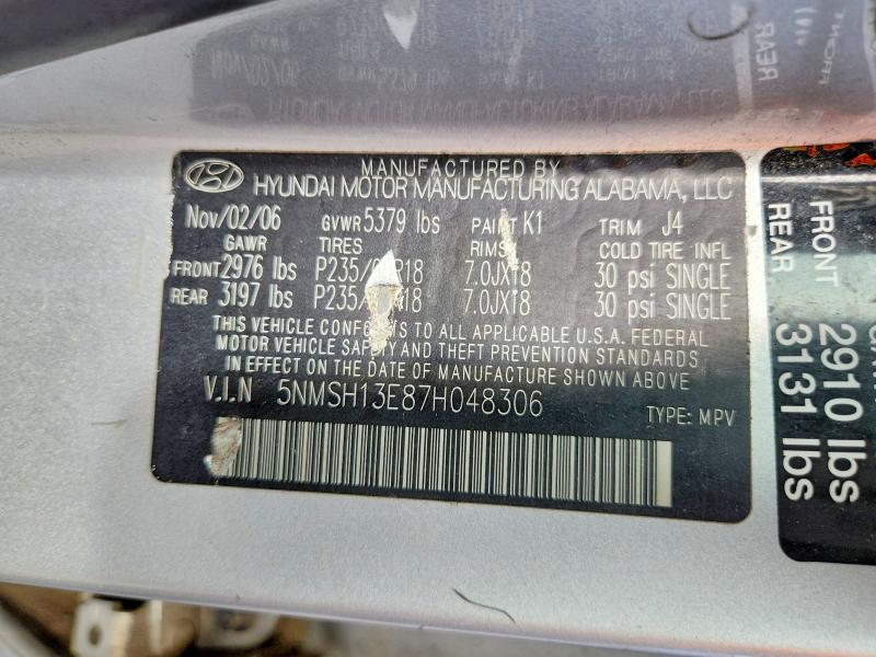 Продажа на аукционе авто 2007 Hyundai Santa Fe, vin: 5NMSH13E87H048306, номер лота: 54955756
