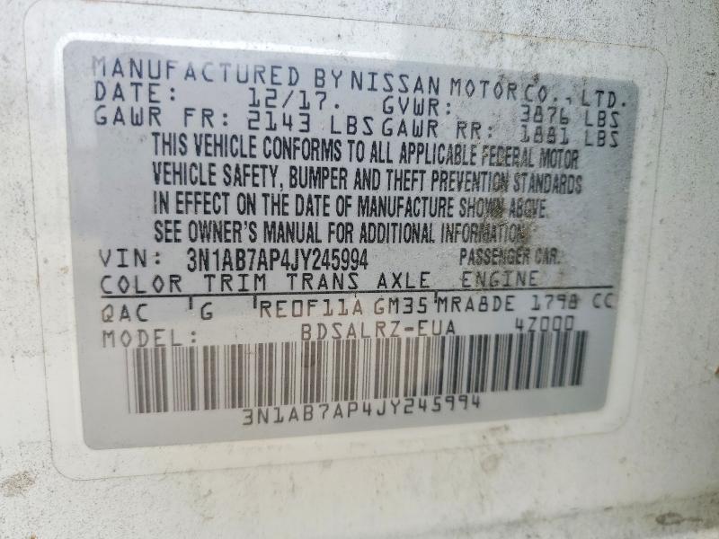 2018 Nissan Sentra მანქანა იყიდება აუქციონზე, vin: 3N1AB7AP4JY245994, აუქციონის ნომერი: 53029296