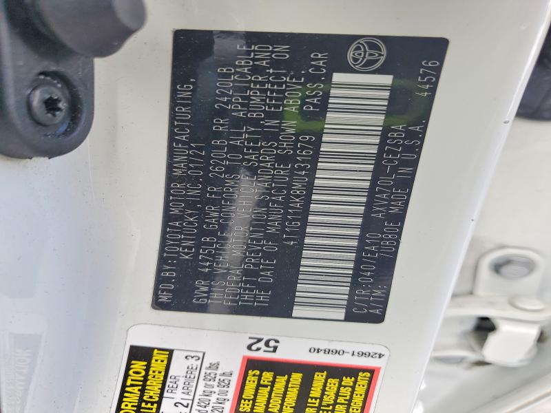 2021 Toyota Camry მანქანა იყიდება აუქციონზე, vin: 4T1G11AK8MU431679, აუქციონის ნომერი: 54491866