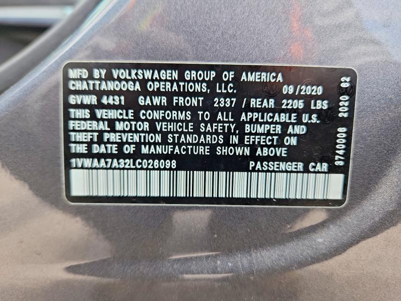 55172866 :رقم المزاد ، 1VWAA7A32LC026098 vin ، 2020 Volkswagen Passat مزاد بيع