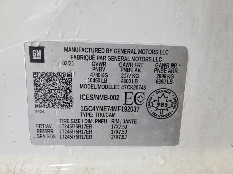 2021 Chevrolet Silverado მანქანა იყიდება აუქციონზე, vin: 1GC4YNE74MF192037, აუქციონის ნომერი: 54136976