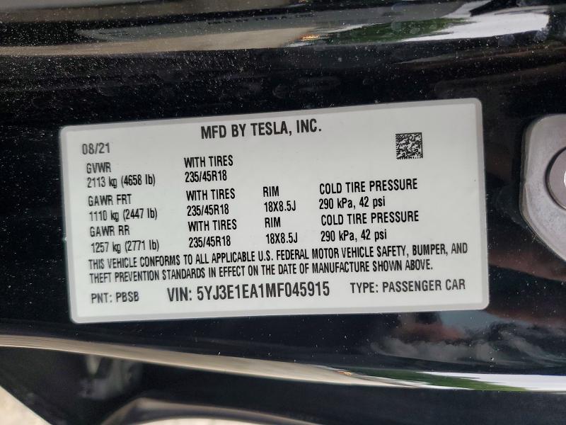 52654696 :رقم المزاد ، 5YJ3E1EA1MF045915 vin ، 2021 Tesla Model 3 مزاد بيع