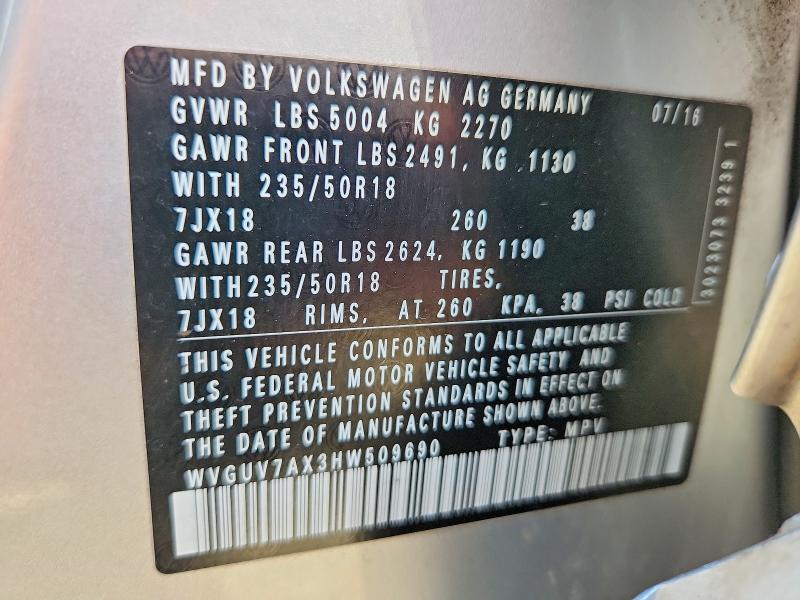 Aukcja sprzedaży 2017 Volkswagen Tiguan, vin: WVGUV7AX3HW509690, numer aukcji: 52431966