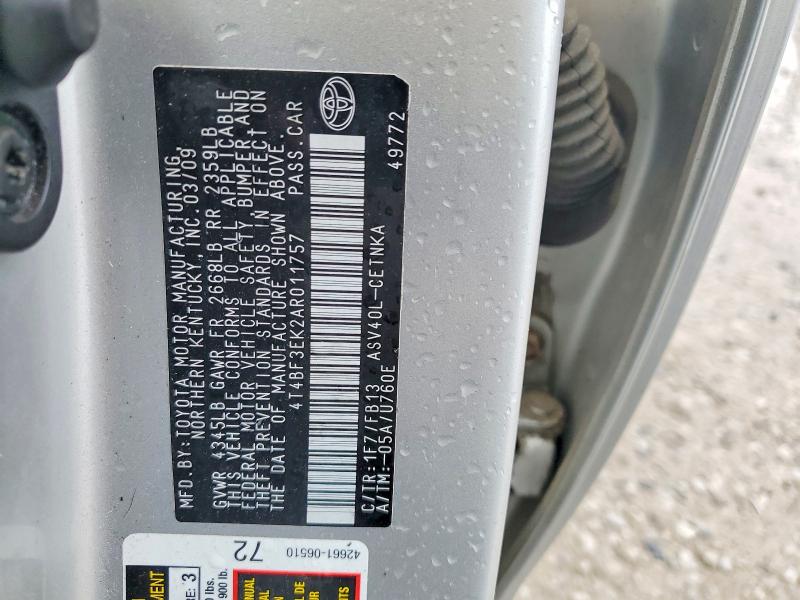 2010 Toyota Camry მანქანა იყიდება აუქციონზე, vin: 4T4BF3EK2AR011757, აუქციონის ნომერი: 54989196