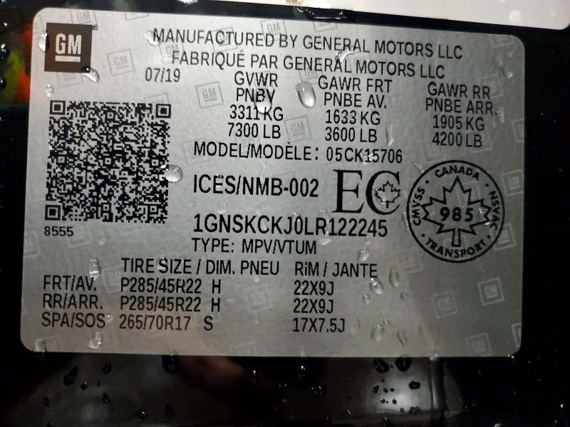 2020 Chevrolet Tahoe მანქანა იყიდება აუქციონზე, vin: 1GNSKCKJ0LR122245, აუქციონის ნომერი: 54912016