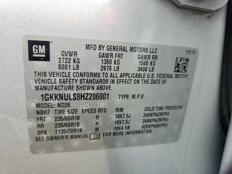 53385996 :رقم المزاد ، 1GKKNULS8HZ206001 vin ، 2017 Gmc Acadia مزاد بيع