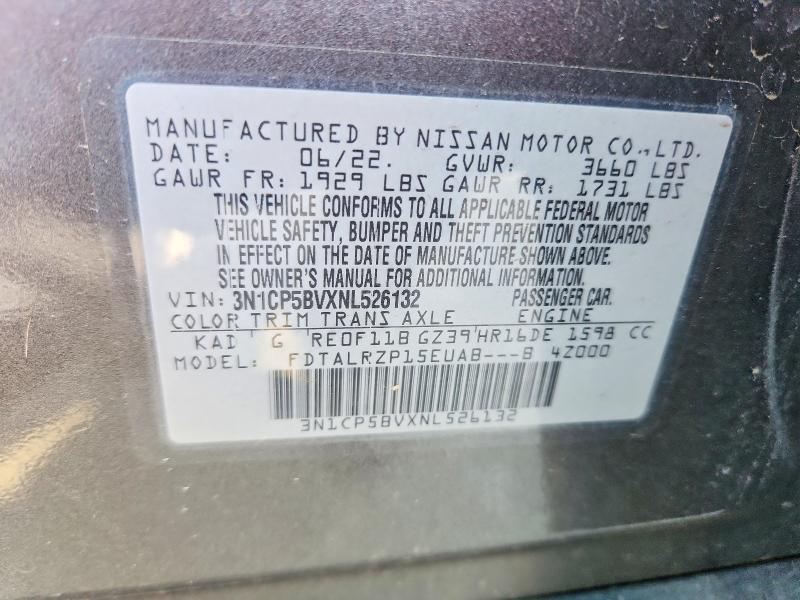 54841186 :رقم المزاد ، 3N1CP5BVXNL526132 vin ، 2022 Nissan Kicks مزاد بيع
