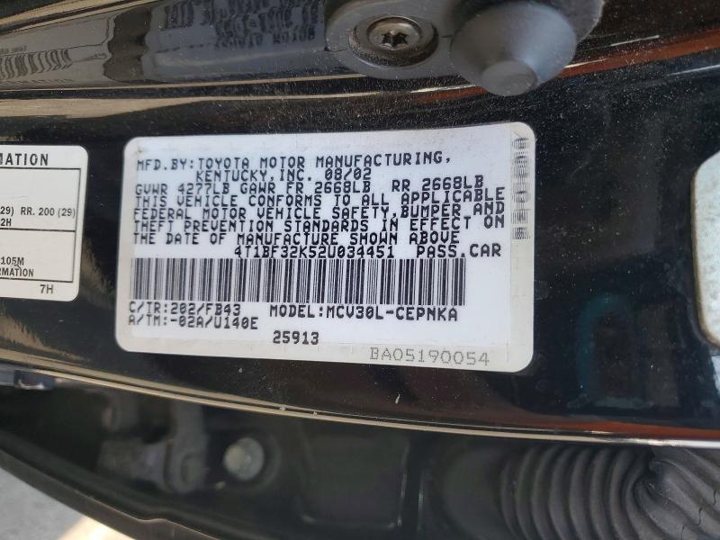 2002 Toyota Camry მანქანა იყიდება აუქციონზე, vin: 4T1BF32K52U034451, აუქციონის ნომერი: 53924926