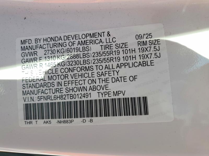 52958376 :رقم المزاد ، 5FNRL6H82TB012491 vin ، 2026 Honda Odyssey مزاد بيع