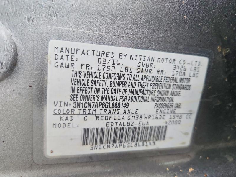 Продаж на аукціоні авто 2016 Nissan Versa, vin: 3N1CN7AP6GL868149, номер лоту: 52419216