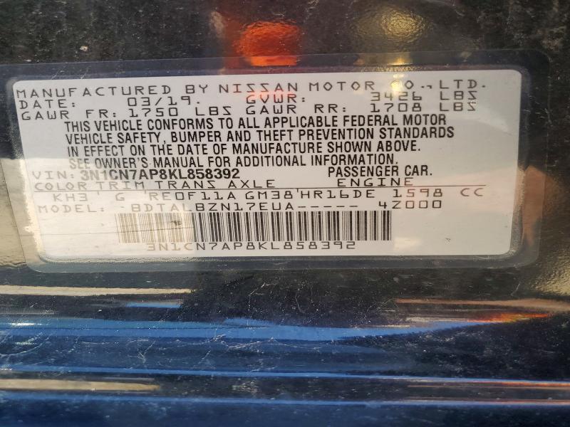 55502916 :رقم المزاد ، 3N1CN7AP8KL858392 vin ، 2019 Nissan Versa مزاد بيع