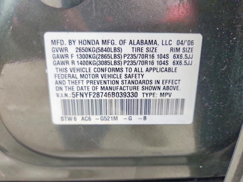 Продажа на аукционе авто 2006 Honda Pilot, vin: 5FNYF28746B039330, номер лота: 54993746