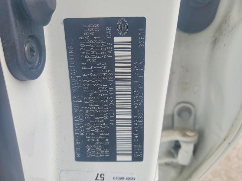 2022 Toyota Camry მანქანა იყიდება აუქციონზე, vin: 4T1G11BKXNU051887, აუქციონის ნომერი: 54938726