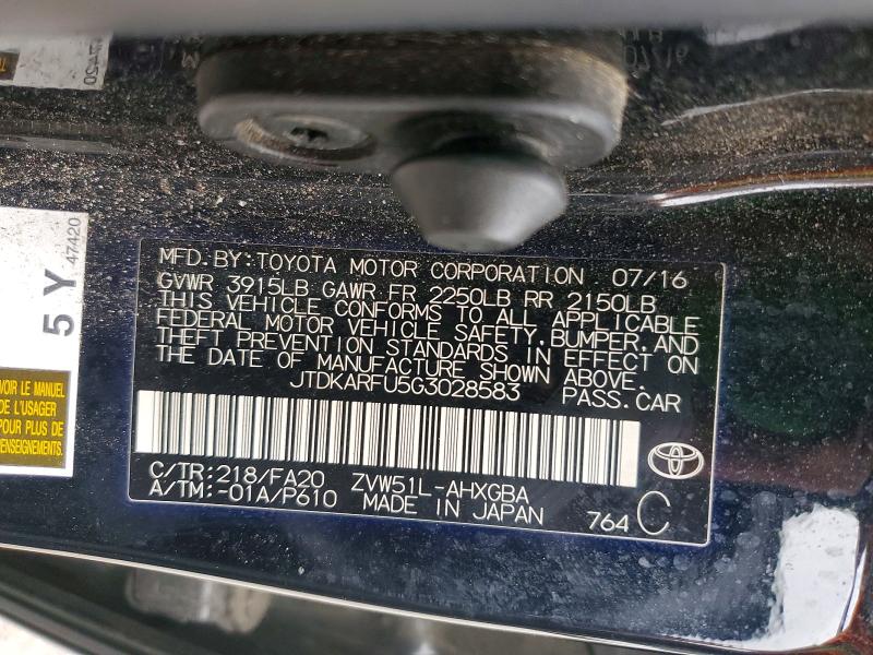 2016 Toyota Prius მანქანა იყიდება აუქციონზე, vin: JTDKARFU5G3028583, აუქციონის ნომერი: 53031776