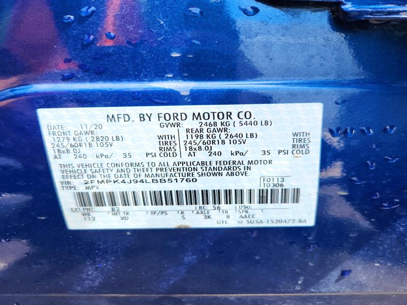 2020 Ford Edge მანქანა იყიდება აუქციონზე, vin: 2FMPK4J94LBB51760, აუქციონის ნომერი: 54435606