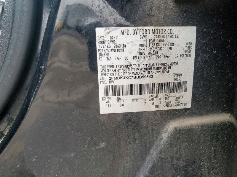 2011 Ford Edge მანქანა იყიდება აუქციონზე, vin: 2FMDK3KC7BBB59843, აუქციონის ნომერი: 51585406