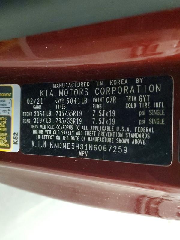 Auction sale of the 2022 Kia Carnival, vin: KNDNE5H31N6067259, lot number: 54427696